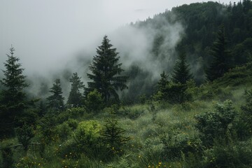 Foggy Mountain Landscape With Trees