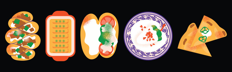 Traditional Mexican Cuisine Food set with tacos, quesadillas, enchiladas, chiles en nogada, pozole, tortas, tamales. Collection illustration in cartoon modern style isolated on background