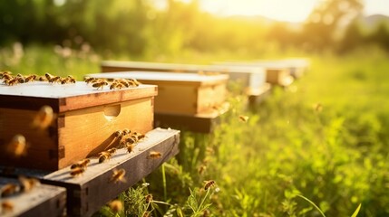 A background featuring hives set against lush green grass, with honey bees returning from their collection expeditions, illustrates the bustling activity of the apiary.
