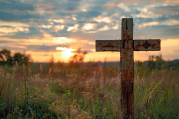 Wooden Cross in Field at Sunset
