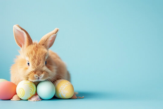 Cute Fluffy Bunny Nestled Among Colorful Easter Eggs on Blue Background with Copy Space for Text Symbolizing Spring and Joyful Easter Traditions