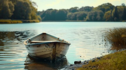 Small White Boat Floating on Lake