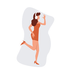 Young woman dancing and listening to music in headphones. Flat illustration