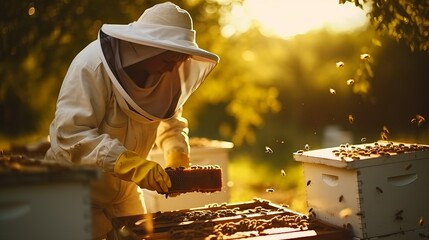 A beekeeper is depicted removing a honeycomb from a beehive, wearing protective gear and working with the hive. This image showcases beekeeping in the countryside as part of organic farming.