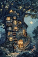Fototapeta na wymiar A fabulous house in the village at night . Illustration