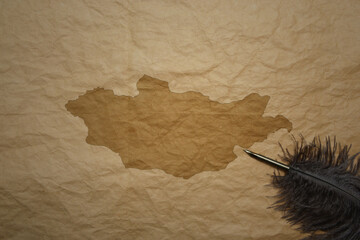 map of mongolia on a old paper background with old pen