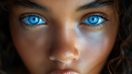 Fototapeta premium Beautiful blue eyes of Latino young girl. Natural woman beauty concept. Selective focus. Copy space 