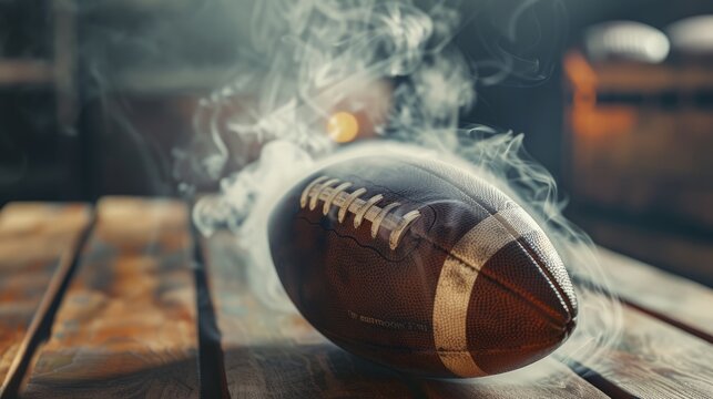 Smoking American Football on Wooden Table