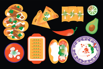 Traditional Mexican Cuisine Food set with tacos, quesadillas, enchiladas, chiles en nogada, pozole, tortas, tamales. Collection illustration in cartoon modern style isolated on background