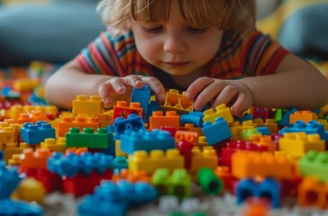 Young Child Playing With Legos on a Table