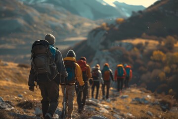 Group of People Hiking Up a Hill - obrazy, fototapety, plakaty
