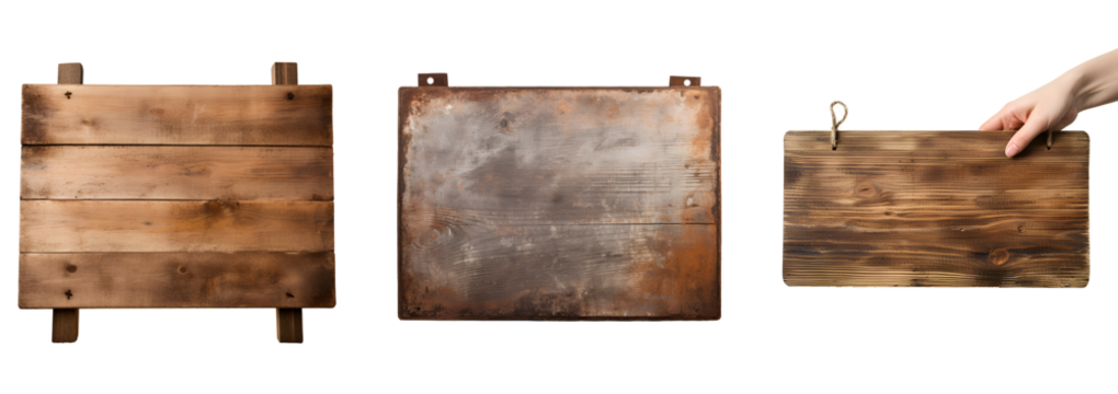 Rustic Wooden and Metallic Blank Sign Set Ideal for Mockup Banners, Isolated on Transparent Background, PNG