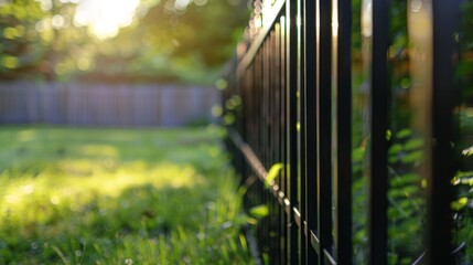 Close-Up of Black Steel Slat Fence in Grass