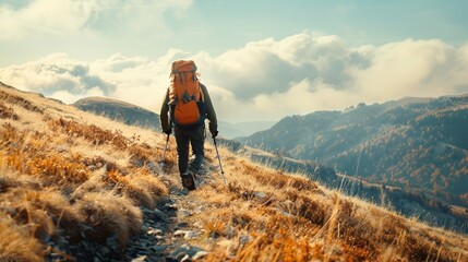 Man Hiking Uphill With Backpack
