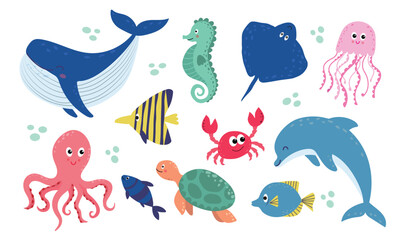 Set with hand drawn sea life animals.