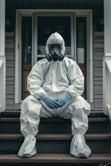 A disinfection service worker in a protective suit and gas mask sits on the porch of the house