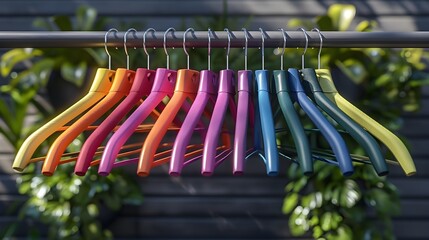 Colorful clothes hangers on gray background - obrazy, fototapety, plakaty