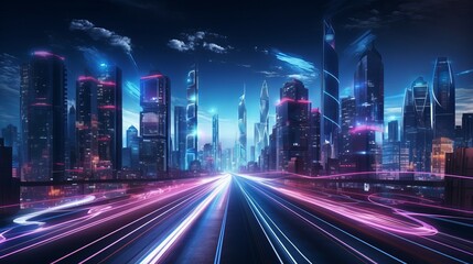 A futuristic cyberpunk city scene features blue and pink light trails, capturing the essence of a sci-fi downtown at night.