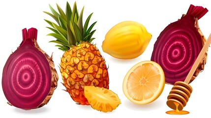 Assorted fresh ripe fruits and vegetables. Food concept background. Top view. Copy space. - obrazy, fototapety, plakaty