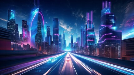 A futuristic cyberpunk city scene features blue and pink light trails, capturing the essence of a sci-fi downtown at night.