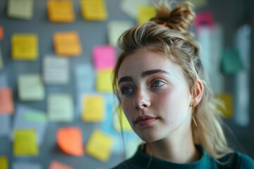 Woman Standing in Front of Wall Covered in Post-it Notes