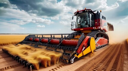Large Red and Yellow Combine Harvesting in Field. Generative AI