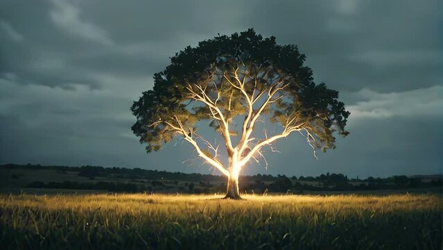 
tree glowing from within magical atmosphere in a twilight field under a dark, cloudy sky.
Concept: natural energy, mystical and fantastic themes, sustainability and the power of life
