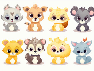 Colorful set of little cartoon animals characters. Baby animals icons set isolated on white background. Cartoon character design. Color illustration of wild animal world. Vector illustration 