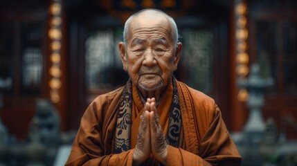Old Chinese Monk With Folded Hands. Generative AI