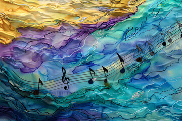 An underwater symphony--waves of sound ripple through an abstract ocean. Musical notes blend with watercolor hues--violets, teals, and electric yellows.