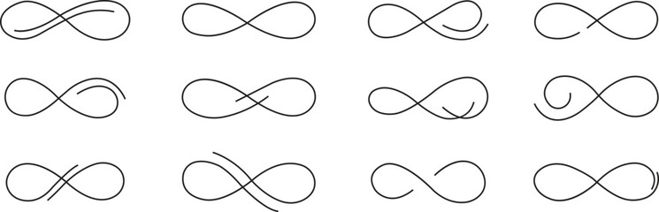 Infinity black line icon set. Infinity, eternity, infinite, endless, loop symbols. Unlimited infinity collection flat style stock vector isolated on transparent background sign made with mobius strip.