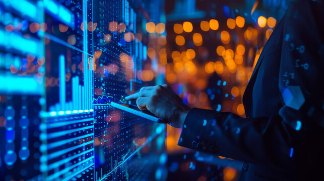 An IT professional is interacting with a server or data center hardware, pointing at a digital display with a background of illuminated network equipment.