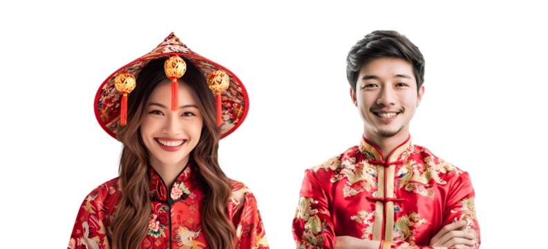 Gathering of Delighted Chinese People in Traditional New Year Clothing, Including Men and Women, Isolated on Transparent Background, PNG