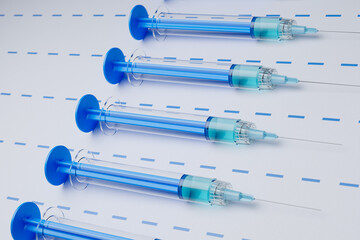 Neatly Arranged Blue Medical Syringes for Injection on a Pure White Surface - obrazy, fototapety, plakaty