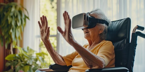 Obraz na płótnie Canvas Adult woman smiling with virtual reality VR headset at home embracing technology and futuristic fun elderly enjoying entertainment indoors happy senior with modern device retired lifestyle