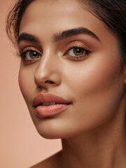 Smiling  beautiful young Arab woman, flawless, radiant skin cosmetology and skin care concept. Peach fuzz color background
