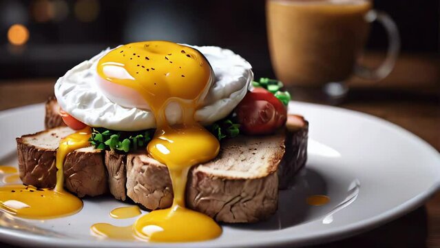 poached egg with leaking yolk, protein healthy food, egg benedict keto diet recipe, low calorie breakfast toast