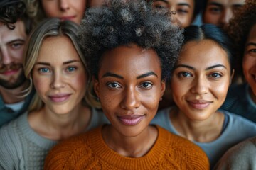 Fototapeta premium A charismatic young woman stands out in a group photo with her vivacious personality showing