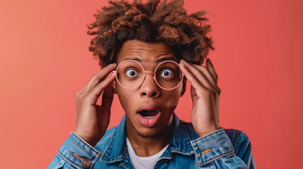 young man with curly hair is holding his round glasses and looking at the camera with a surprised and somewhat confused expression on a coral background. - obrazy, fototapety, plakaty