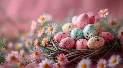 Obraz na płótnie Canvas Colourful Easter eggs in a nest, surrounded by daisies and on a pale pink background
