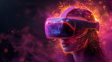 Young woman wearing virtual reality goggles. Future technology concept.