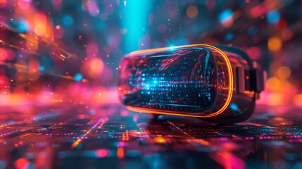 Virtual reality headset on a colorful background. Virtual reality goggles. VR headset. Neon lights