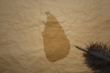 map of sri lanka on a old paper background with old pen