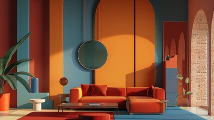Colorful Living Room With Furniture and Large Mirror. Generative AI