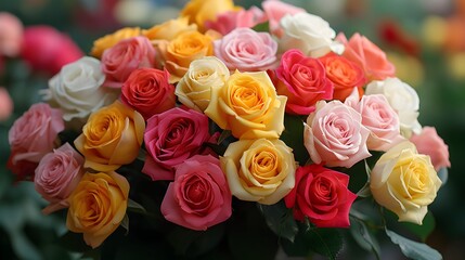 Fototapeta premium Beautiful bouquet of colorful roses, closeup view