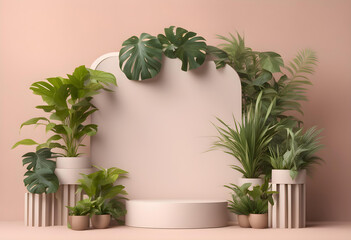Pódio branco com arco de plantas mockup pra produtos expositor