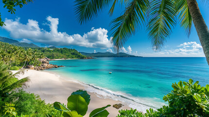 Panoramic View of the Pristine Beaches of Seychelles, Turquoise Waters, and Lush Greenery, Serene Tropical Paradise.