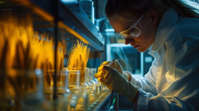 Woman Analyzing Wheat Samples in Lab. Generative AI