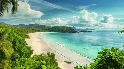 Breathtaking Panoramic View of Pristine White Sand Beaches with Crystal-Clear Waters in the Seychelles, Surrounded by Lush Tropical Vegetation. - obrazy, fototapety, plakaty