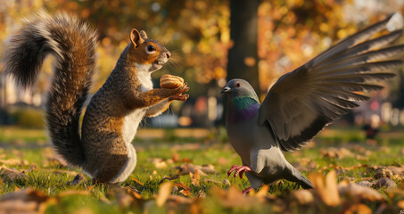 In a suburban park, a plump squirrel with a cheeky grin faces off against a determined highly detailed pigeon over the last peanut butter sandwich, AI generated - obrazy, fototapety, plakaty